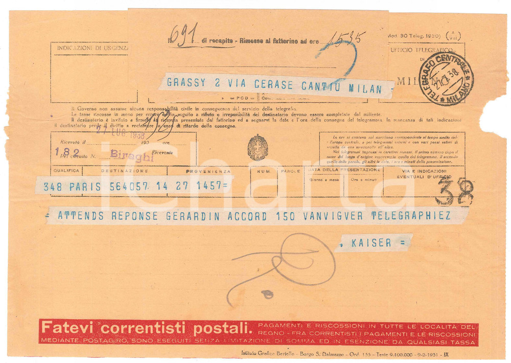 Documento originale, autentico 1938 CICLISMO  PARIGI Telegramma Georges KAISER  26x18 cm 10 1