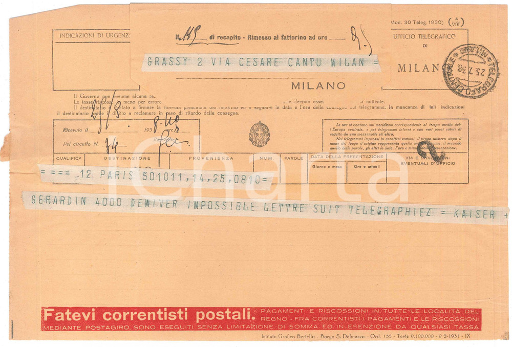 Documento originale, autentico 1938 CICLISMO  PARIGI Telegramma Georges KAISER  26x18 cm 9 1
