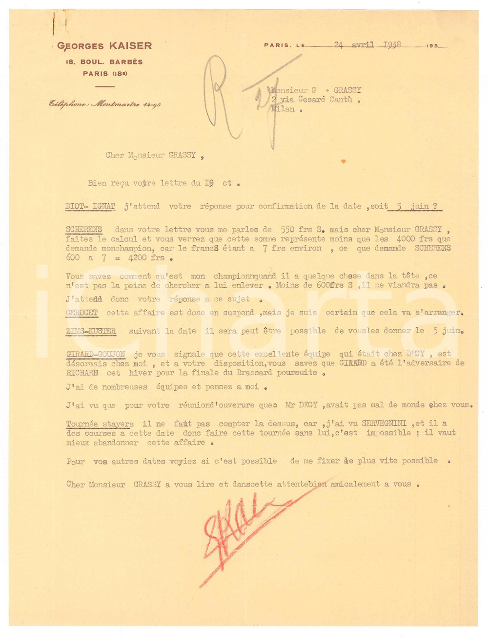 Autografo originale 1938 PARIS CICLISMO Lettera Georges KAISER su corridori a disposizione AUTOGRAFO 1