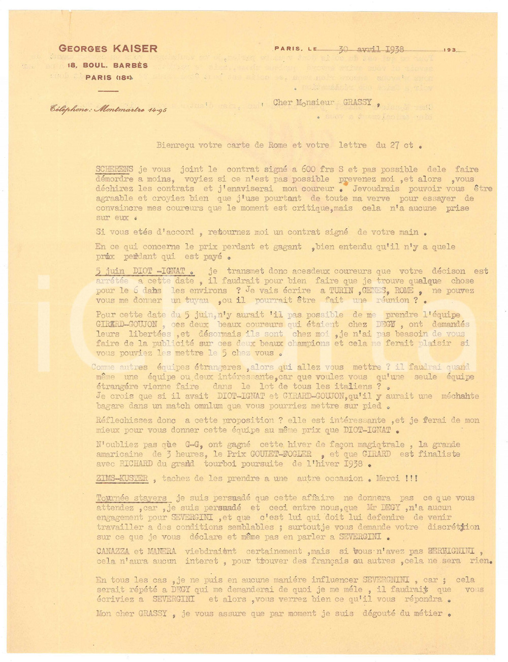Autografo originale 1938 PARIS CICLISMO Georges KAISER su corridori per gare in Italia  Autografo 1