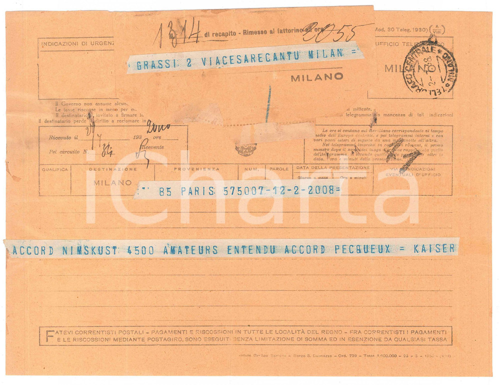 Documento originale, autentico 1938 CICLISMO  PARIGI Telegramma Georges KAISER per accordo Michel PECQUEUX 1
