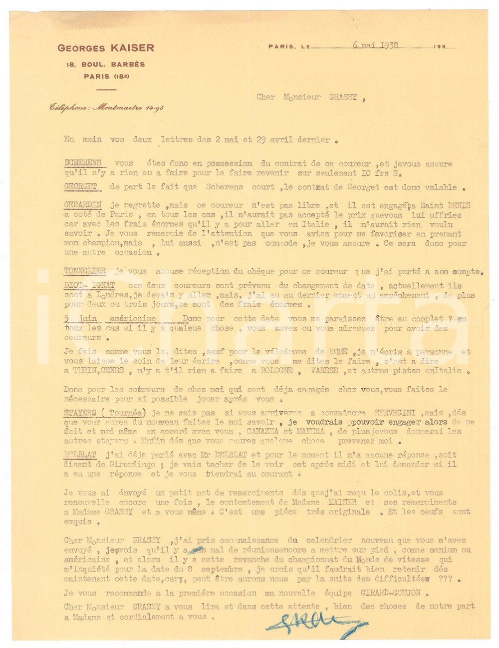 Autografo originale 1938 PARIS CICLISMO Georges KAISER su corridori disponibili per gare  Autografo 1