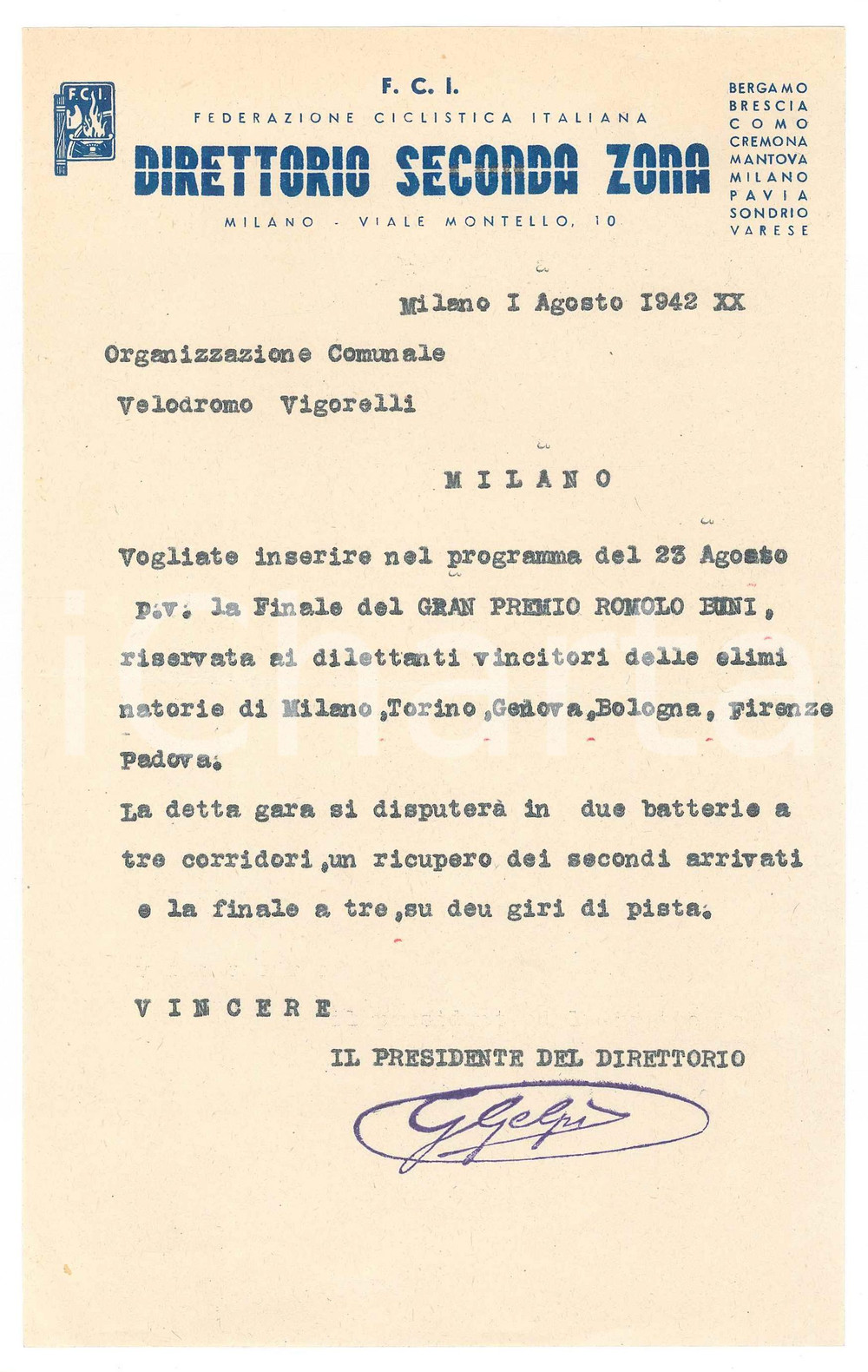 Documento originale, autentico 1942 F.C.I. CICLISMO MILANO Lettera Direttorio Seconda Zona Premio Romolo Buni 1