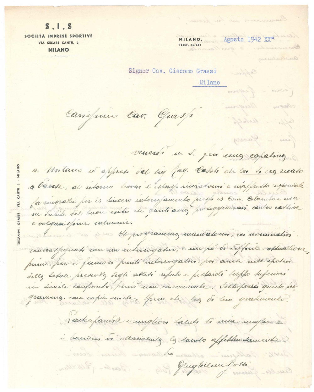 1942 MILANO CICLISMO Società Imprese Sportive - Lettera Guglielmo ROSSI per gara