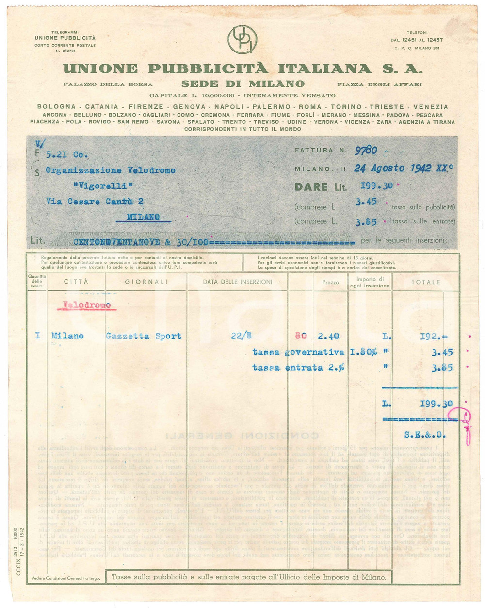 Documento originale, autentico 1942 MILANO Unione PubblicitÃ  Italiana  Fattura per inserzioni gare CICLISMO 1