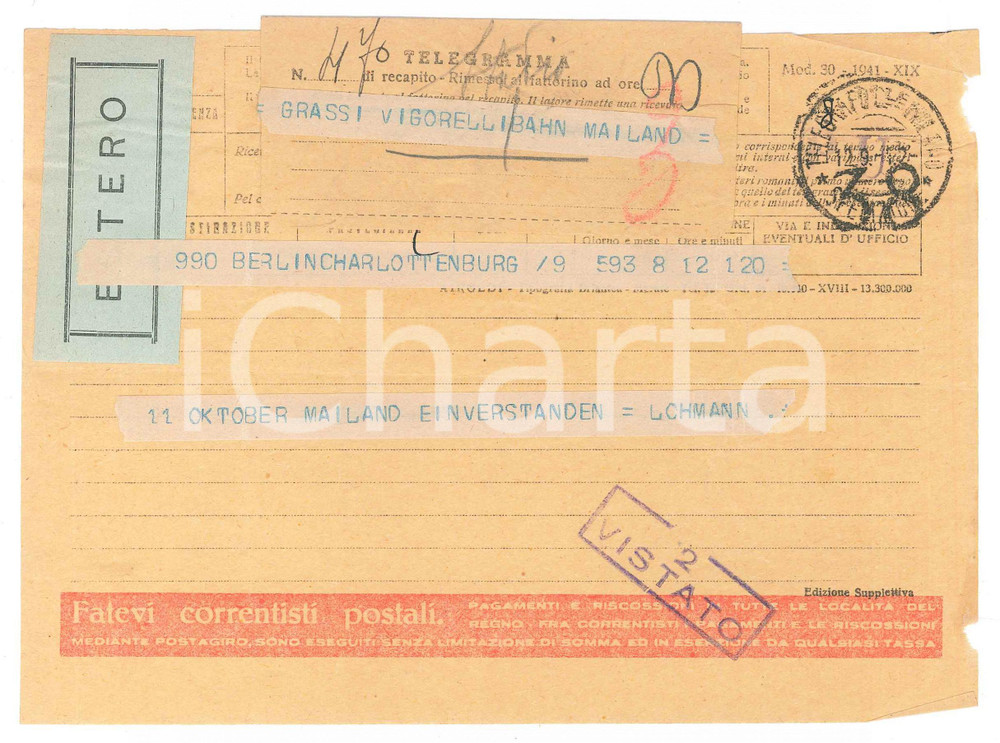 Documento originale, autentico 1942 CICLISMO  BERLIN  Telegramma Walter LOHMANN per gara a Milano 1