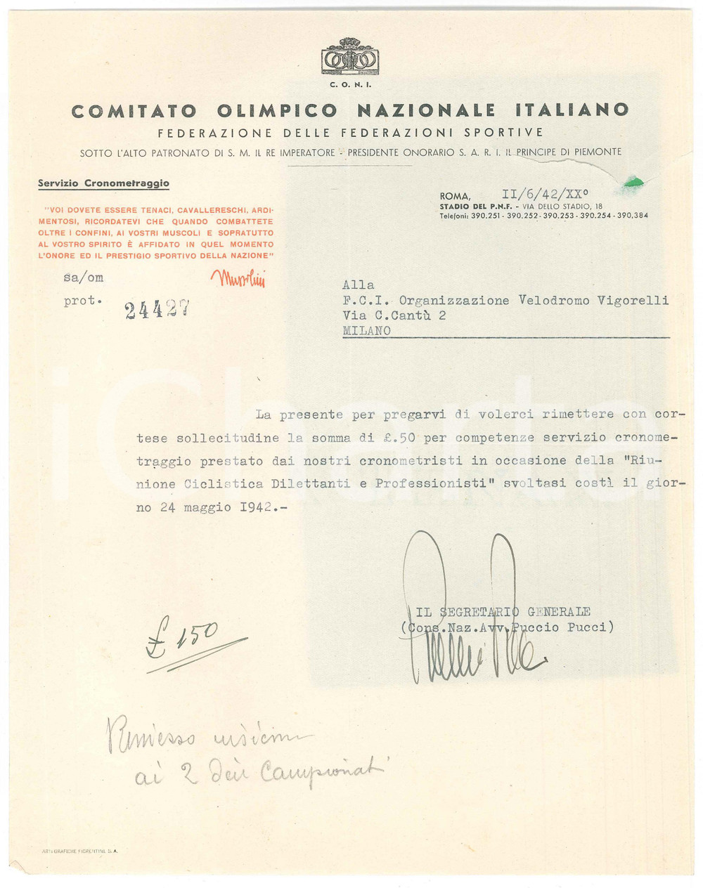 Autografo originale 1942 CICLISMO ROMA CONI Lettera avv. Puccio PUCCI per saldo cronometristi 1