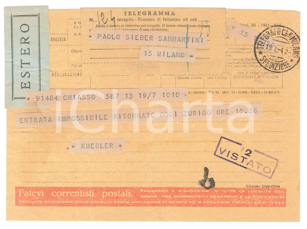 Documento originale, autentico 1942 CICLISMO  CHIASSO  Telegramma Ferdi KUBLER costretto al rientro a Zurigo 1