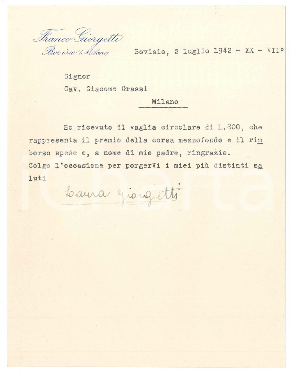 Autografo originale 1942 CICLISMO BOVISIO MASCIAGO Franco GIORGETTI ringrazia per saldo  AUTOGRAFO 1