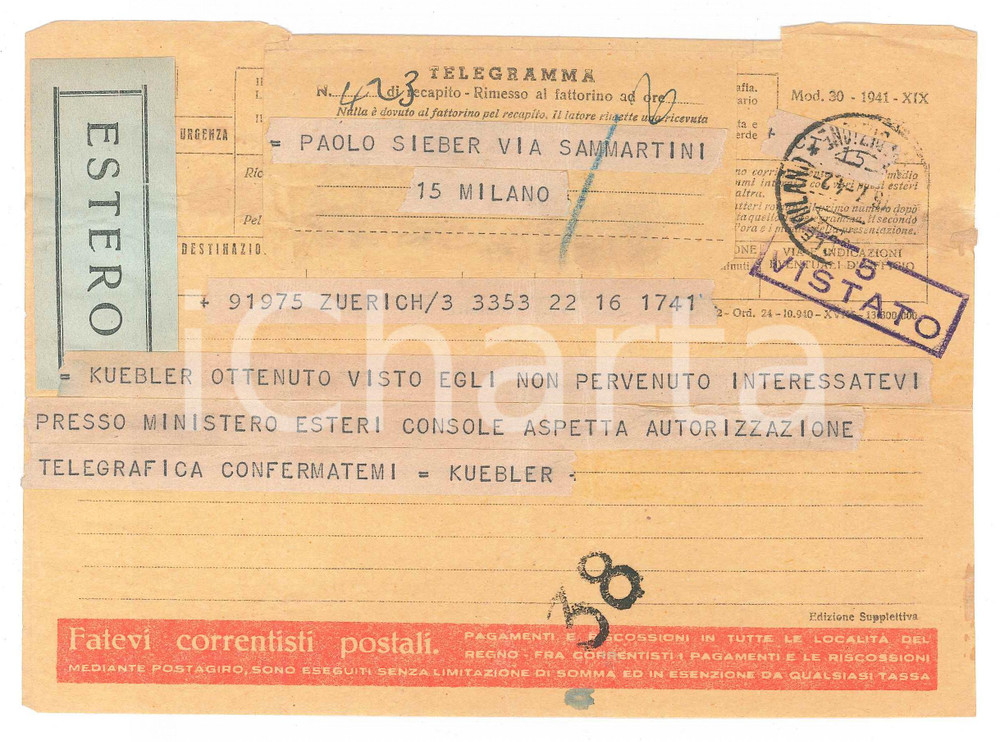 Documento originale, autentico 1942 CICLISMO  CHIASSO  Telegramma Ferdi KUBLER per visto non pervenuto 1