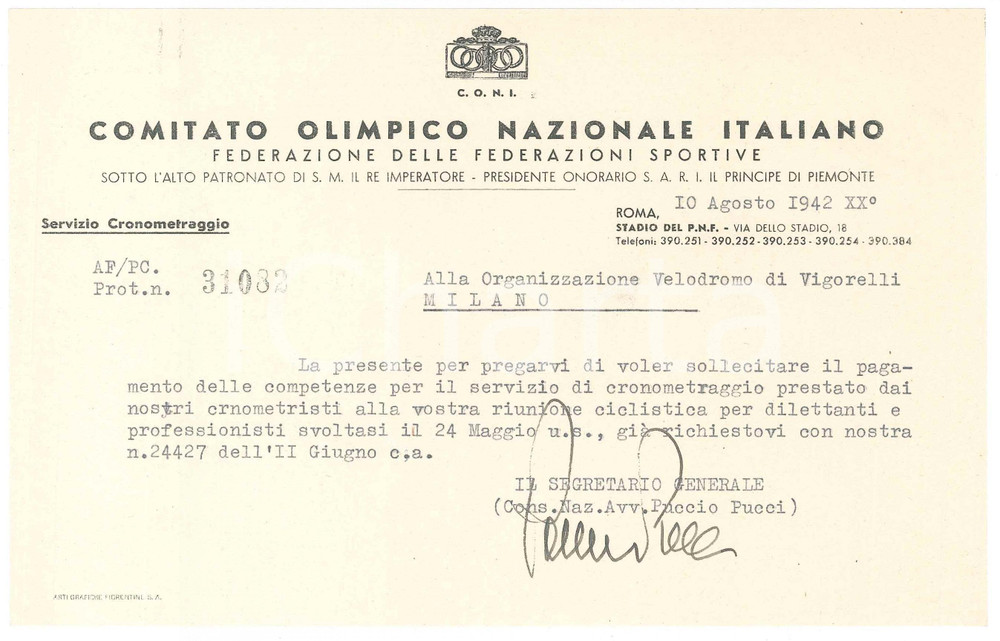 Autografo originale 1942 CICLISMO ROMA CONI Sollecito avv. Puccio PUCCI saldo cronometristi 1