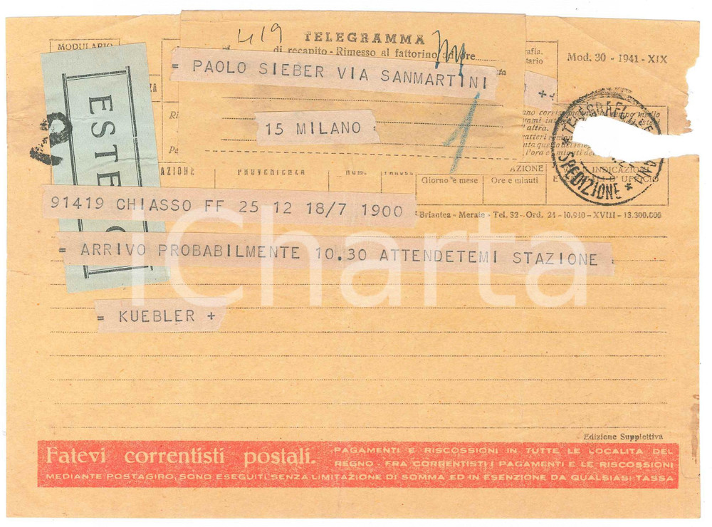 Documento originale, autentico 1942 CICLISMO  CHIASSO  Telegramma Ferdi KUBLER in arrivo alla stazione 1