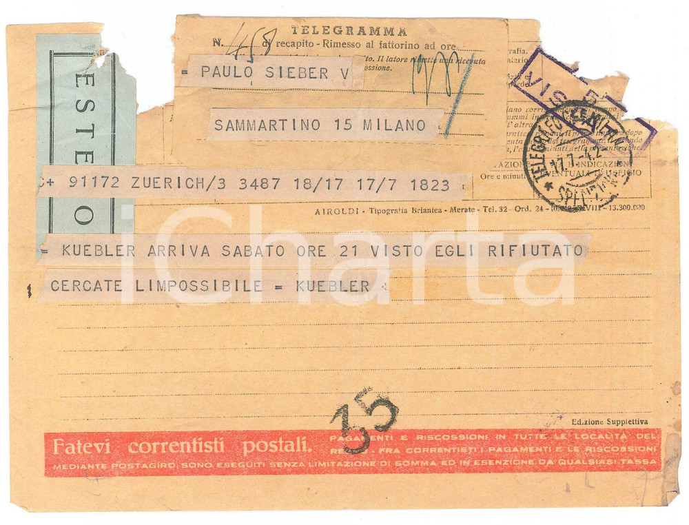 Documento originale, autentico 1942 CICLISMO  ZURICH  Telegramma Ferdi KUBLER per visto rifiutato 1