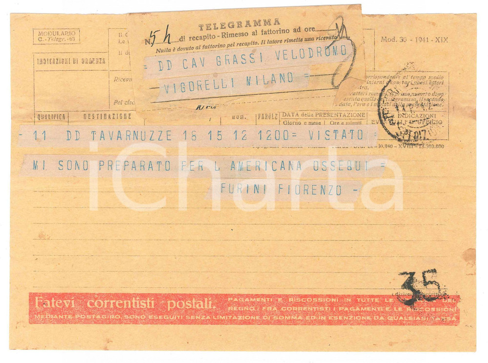 Documento originale, autentico 1942 CICLISMO  ROMA  Telegramma Fiorenzo FURINI pronto per l americana 1