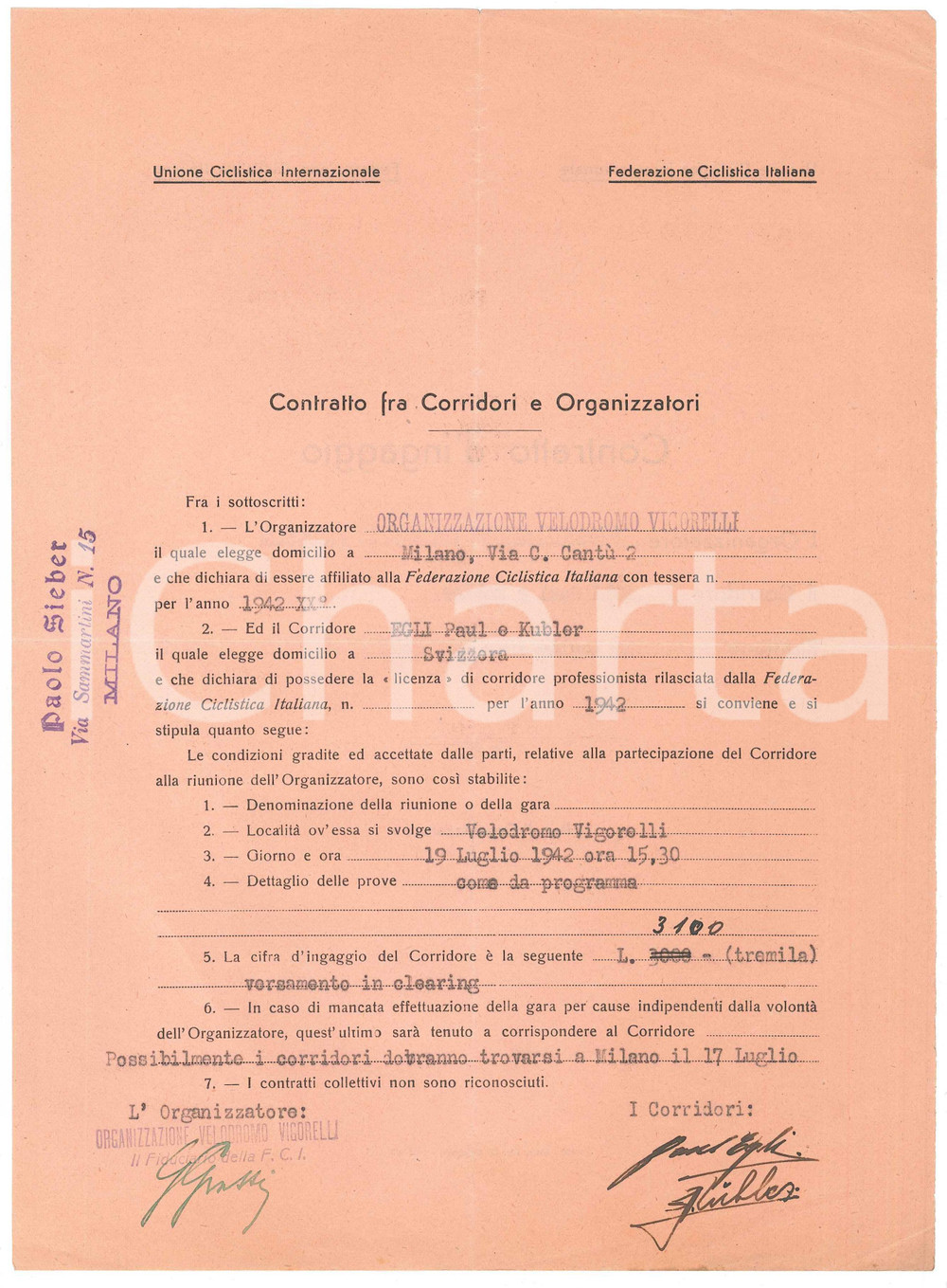 Autografo originale 1942 CICLISMO MILANO  Contratto ingaggio Pau EGLI Ferdi KUBLER  Autografi 1