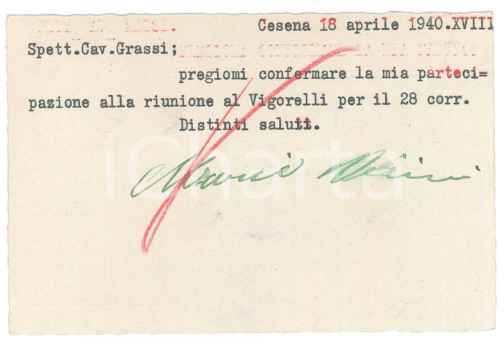 Autografo originale 1940 CICLISMO CESENA Cartolina Mario VICINI per conferma gara  AUTOGRAFO 1