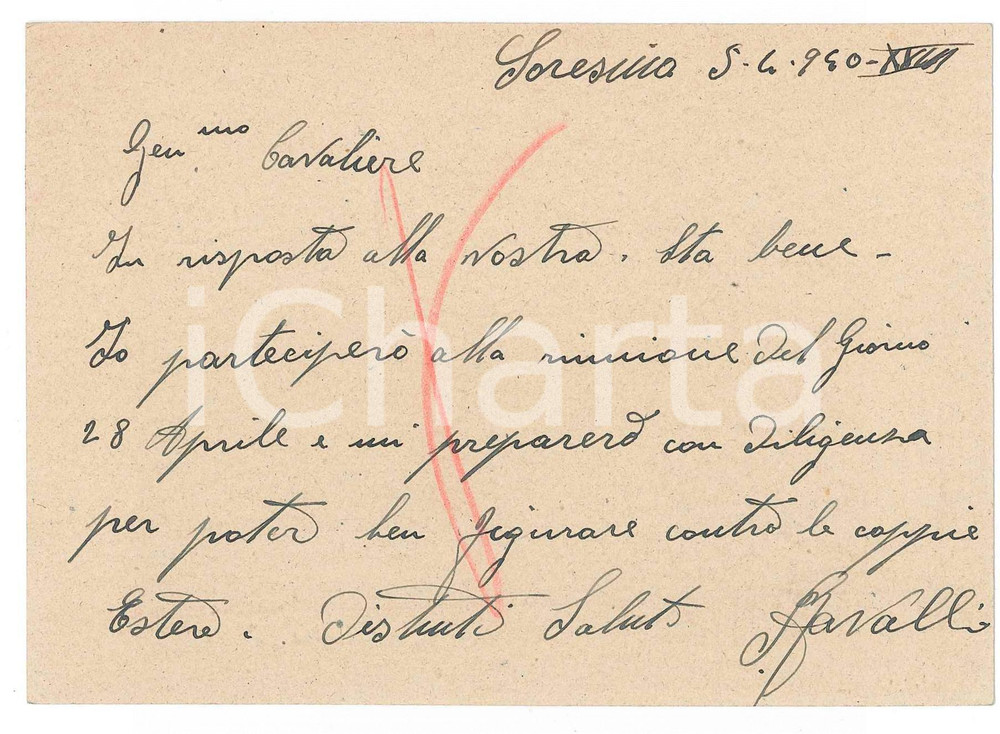 Autografo originale 1940 CICLISMO SORESINA Pierino FAVALLI conferma una gara  AUTOGRAFO 1