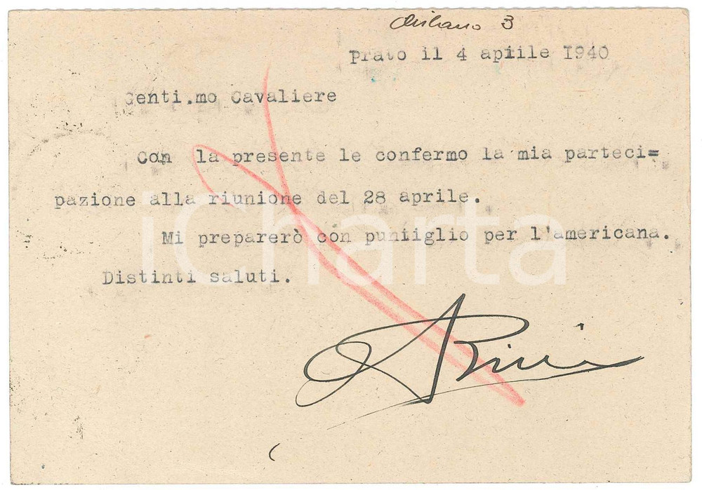 Autografo originale 1940 CICLISMO PRATO Cartolina Aldo BINI per conferma gara  AUTOGRAFO 1