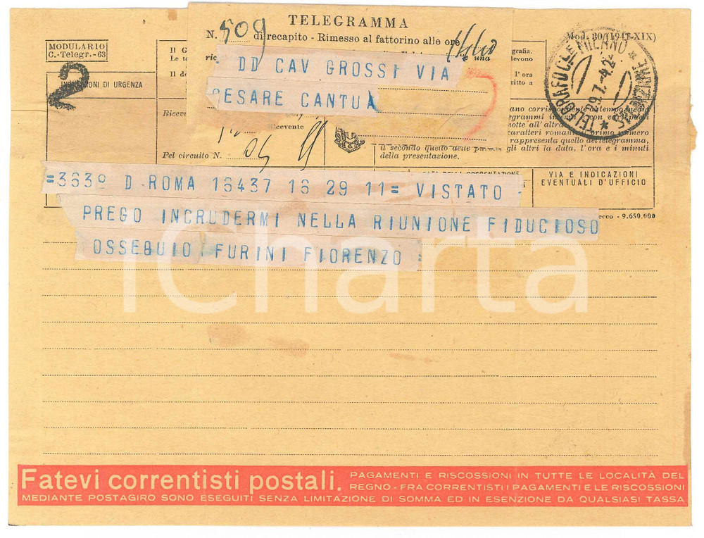Documento originale, autentico 1942 CICLISMO  ROMA  Telegramma Fiorenzo FURINI per conferma di gara 1