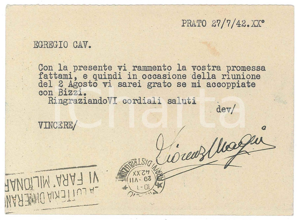 Autografo originale 1942 CICLISMO PRATO Fiorenzo MAGNI chiede gara con Olimpio BIZZI  AUTOGRAFO 1