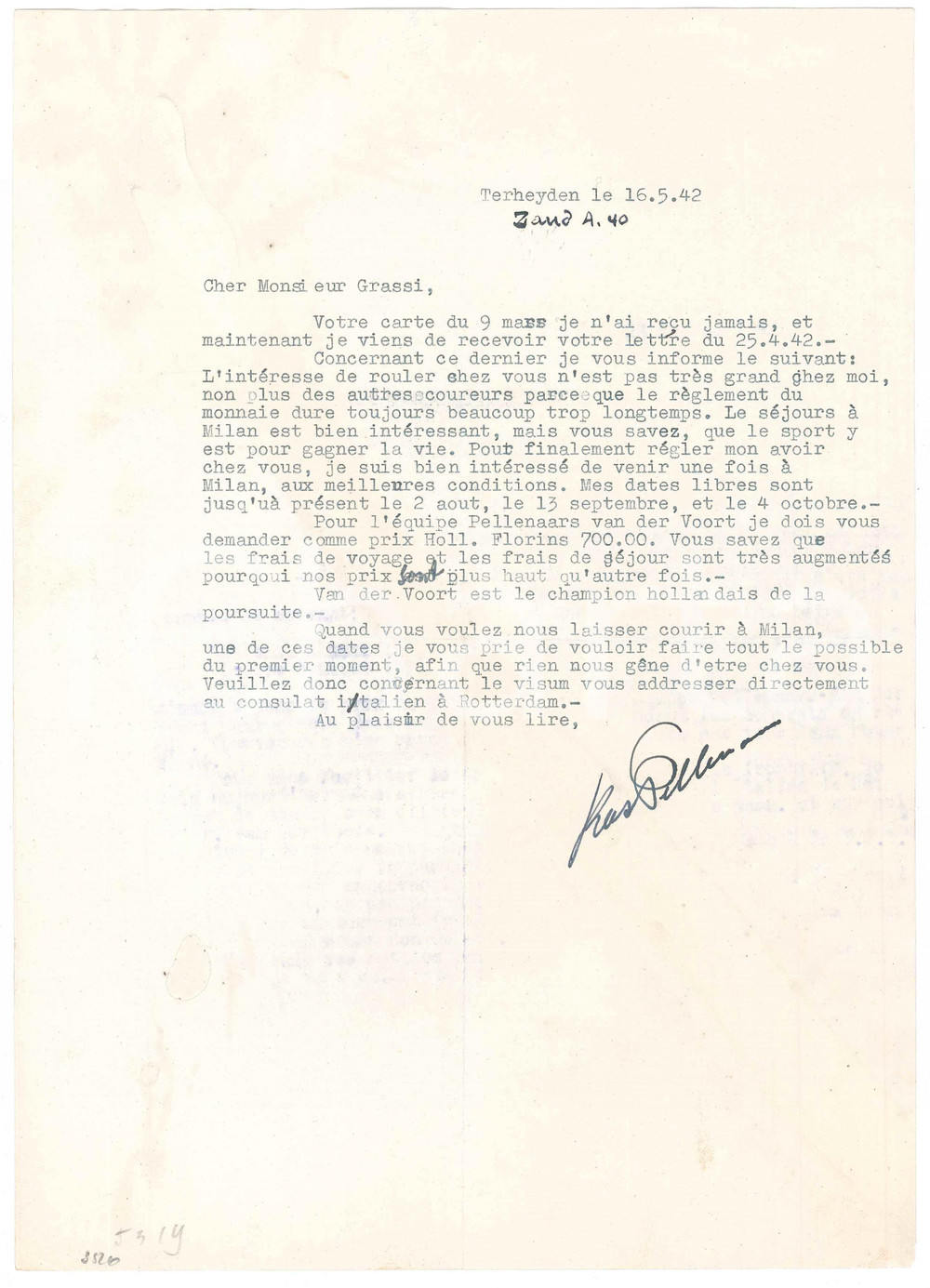 Autografo originale 1942 TERHEIJDEN Lettera Kees PELLENAARS per ingaggio a Milano  AUTOGRAFO 1