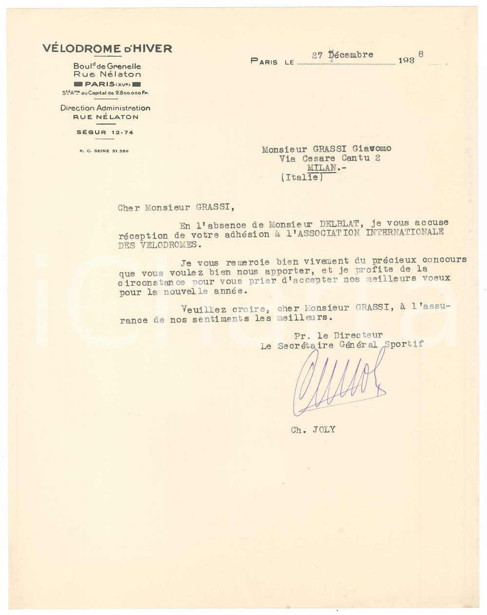 Autografo originale 1938 PARIS VÃ©lodrome d Hiver  Charles JOLY  AdhÃ©sion Association VÃ©lodromes 1