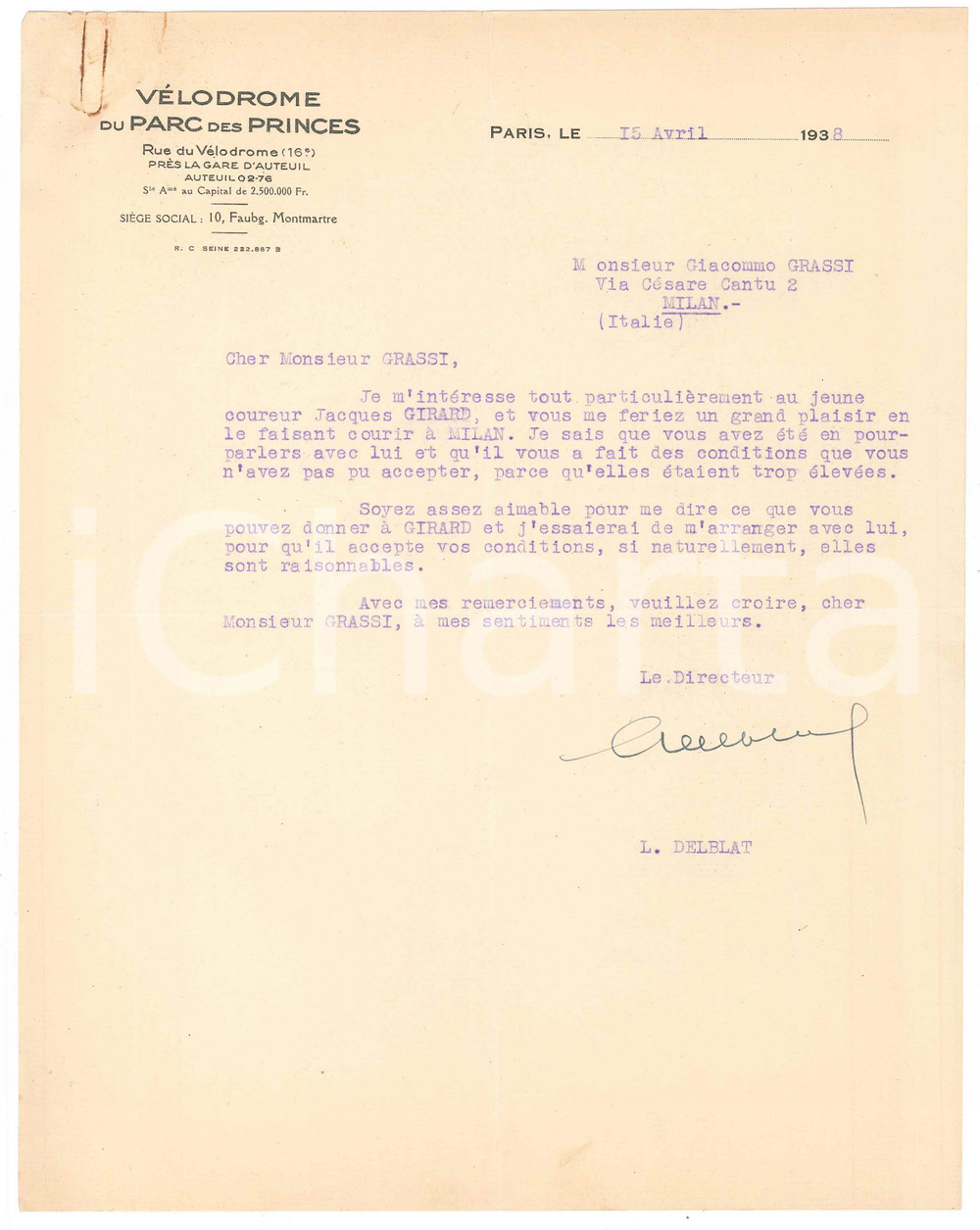 Autografo originale 1938 PARIS VÃ©lodrome d Hiver  Louis DELBLAT sostiene corridore Jacques GIRARD 1
