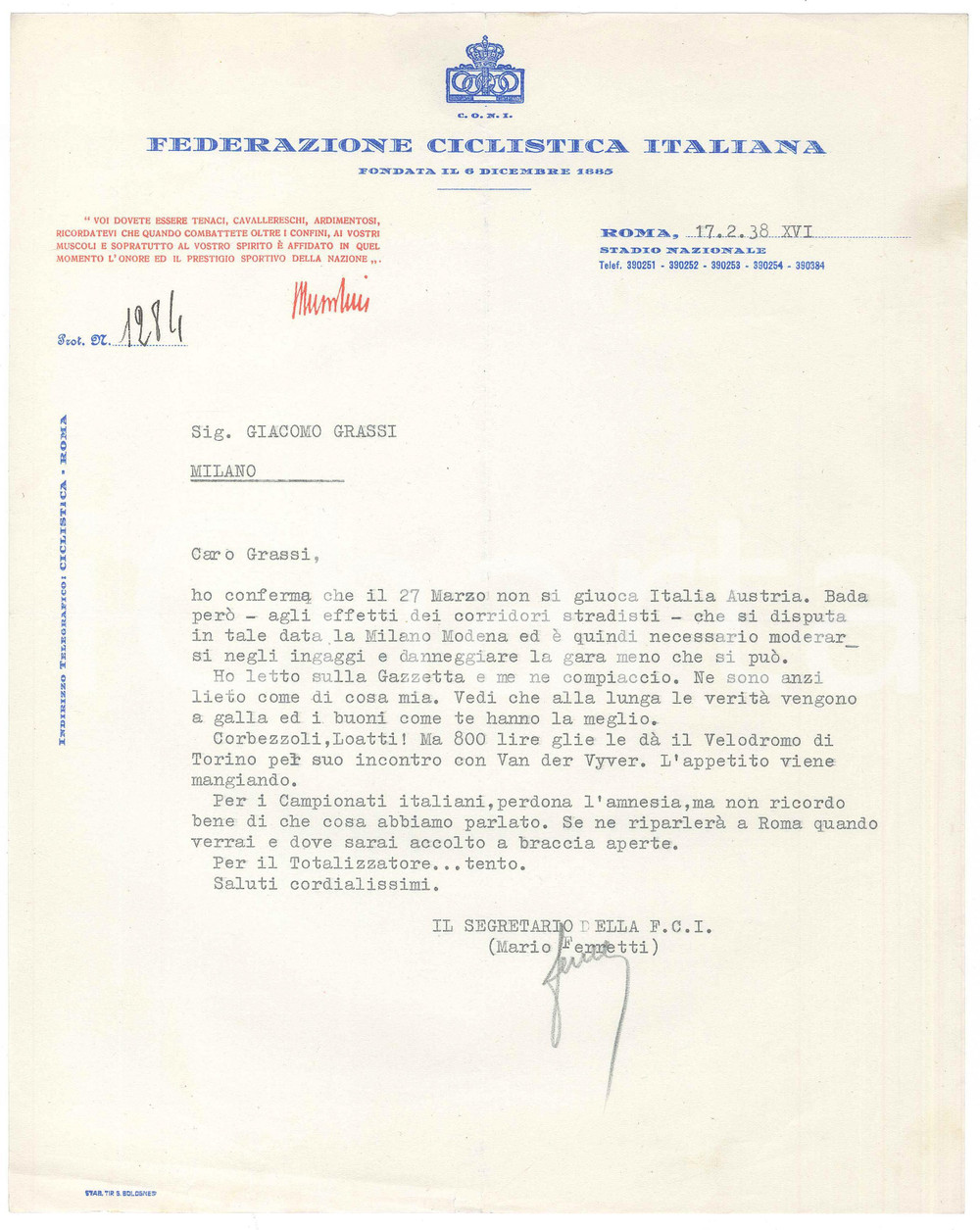Manoscritto, lettera originale 1938 CICLISMO ROMA CONI  Lettera Mario FERRETTI su moderazione negli ingaggi 1