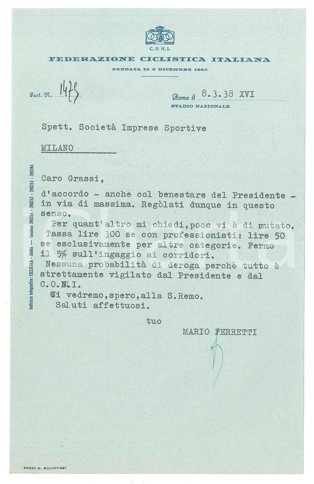 Manoscritto, lettera originale 1938 CICLISMO ROMA CONI  Lettera Mario FERRETTI Federazione Ciclistica Italiana 1