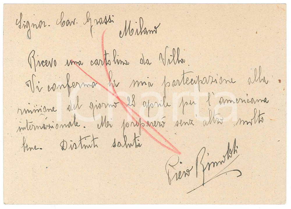 Autografo originale 1940 CICLISMO MILANO Pietro RIMOLDI conferma americana  internazionale AUTOGRAFO 1