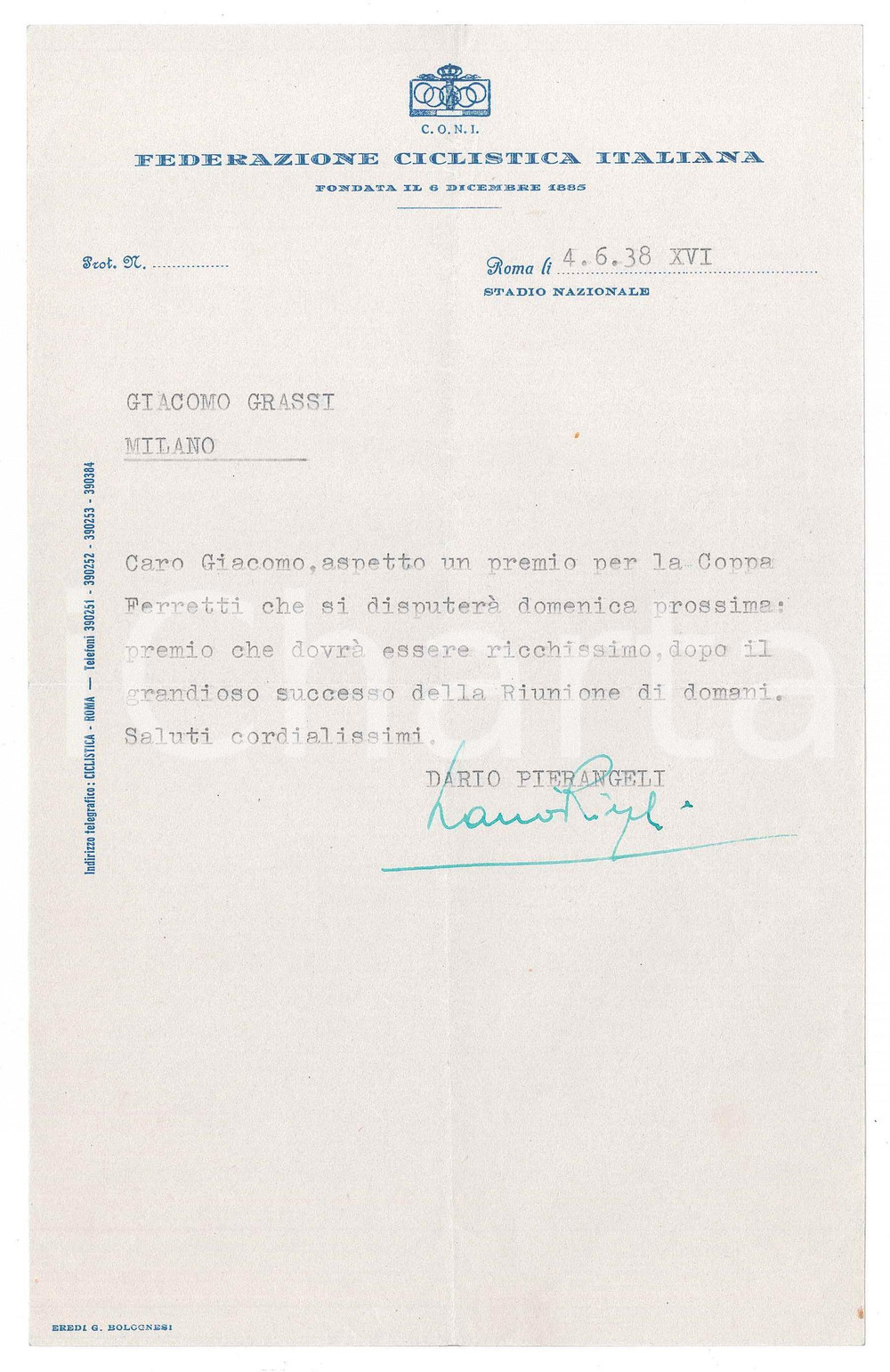 Manoscritto, lettera originale 1938 CICLISMO ROMA CONI Lettera Dario PIERANGELI su premio Coppa Ferretti 1