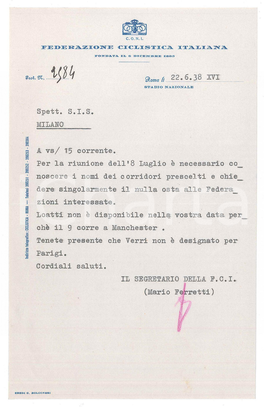 Manoscritto, lettera originale 1938 CICLISMO ROMA CONI  Lettera Mario FERRETTI per invio elenco corridori 1