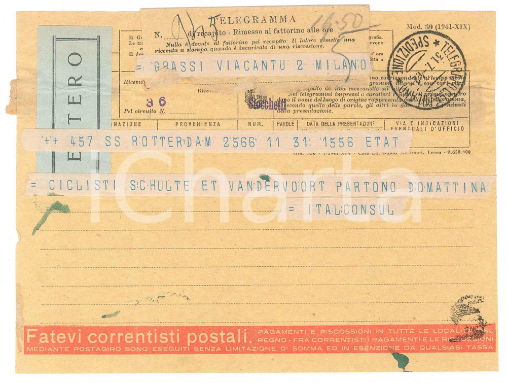 Documento originale, autentico 1942 CICLISMO ROTTERDAM Telegramma ITALCONSUL Gerrit SCHULTE Ben VAN DER VOORT 1