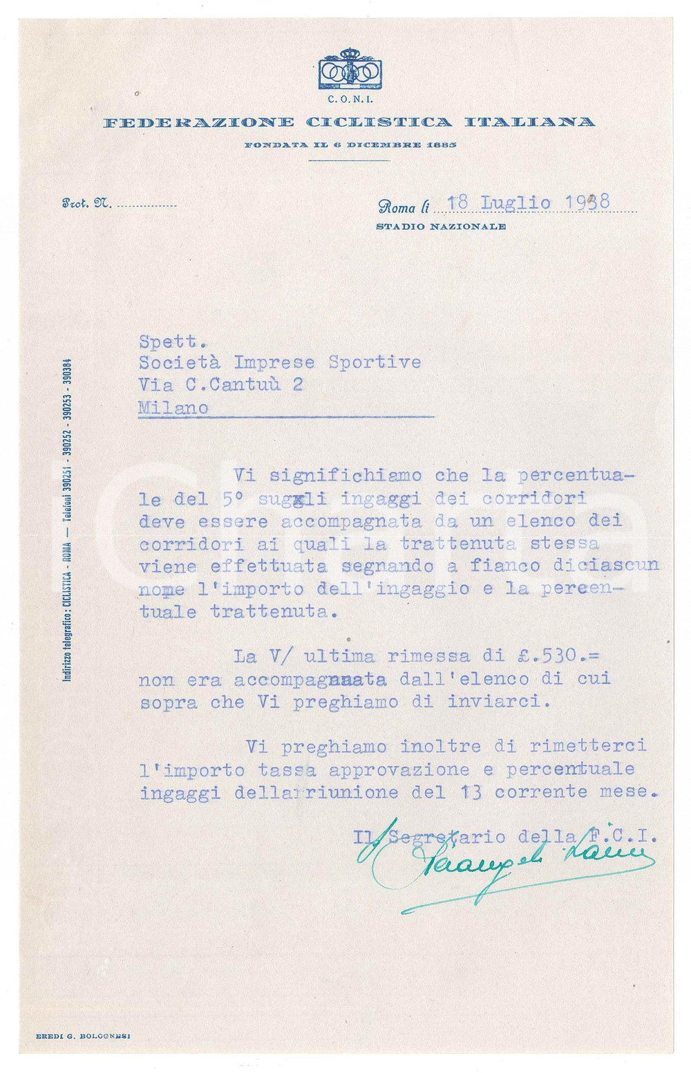 Manoscritto, lettera originale 1938 CICLISMO ROMA CONI Federazione Ciclistica Italiana  Lettera per ingaggi 1