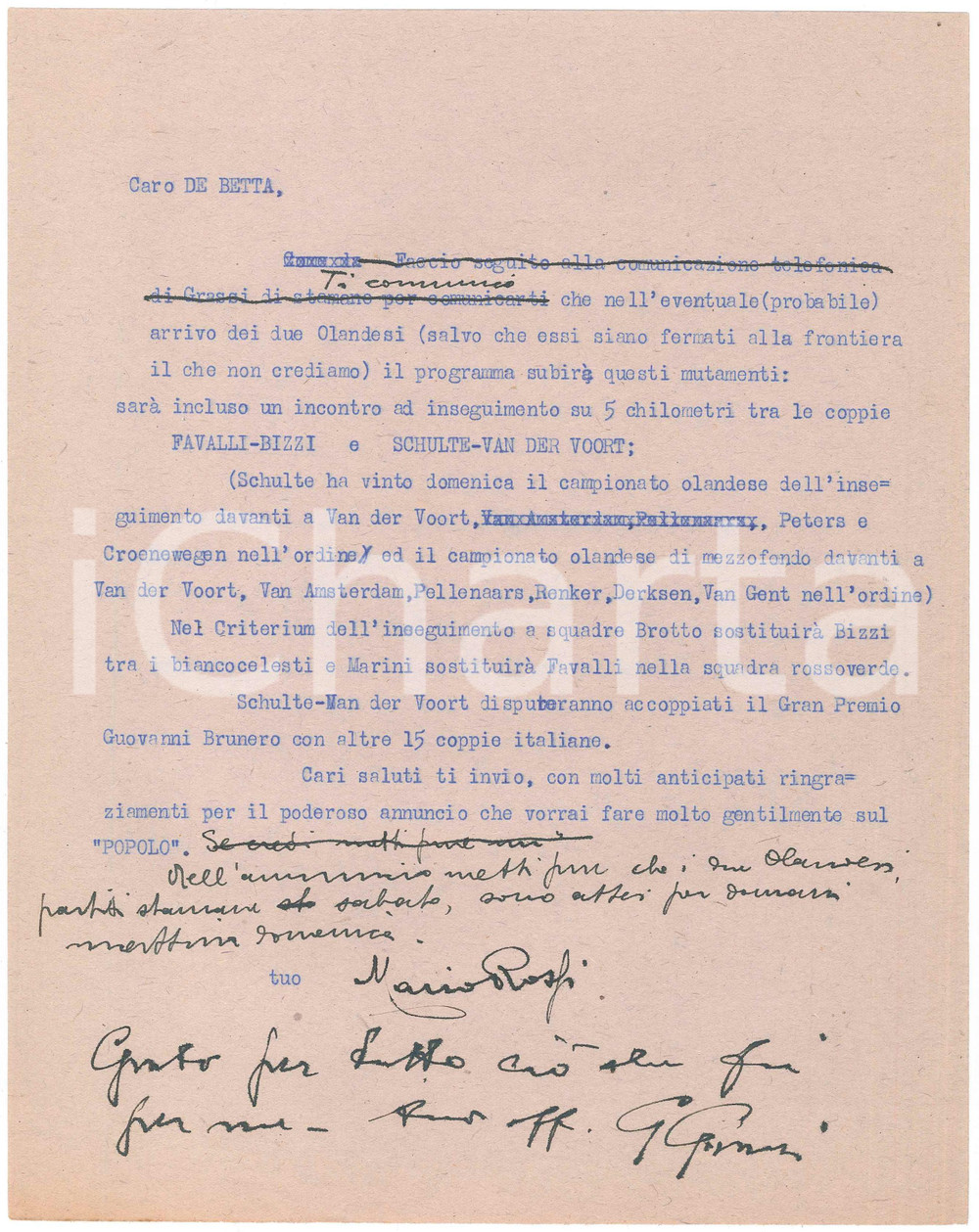 Autografo originale 1942 CICLISMO s. l. Lettera Mario ROSSI su programma di gara  AUTOGRAFO 1