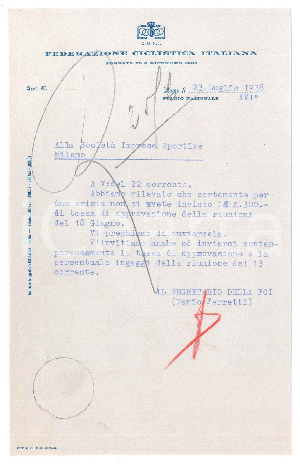 Manoscritto, lettera originale 1938 CICLISMO ROMA CONI  Lettera Mario FERRETTI per saldo di imposta 1