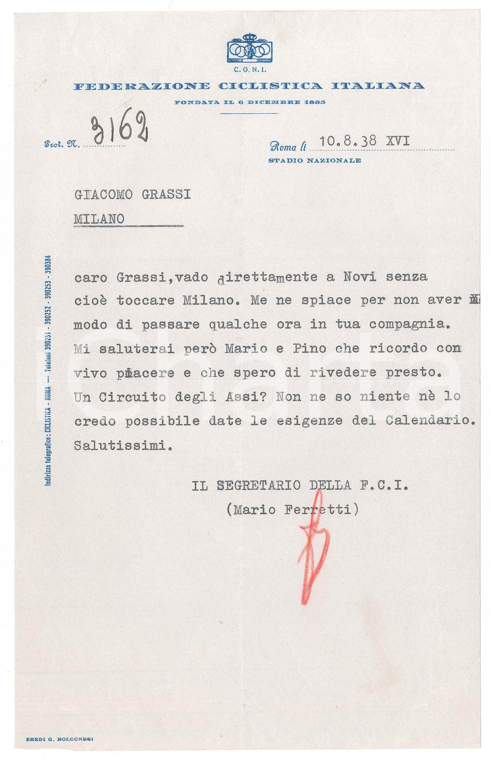 Manoscritto, lettera originale 1938 CICLISMO ROMA CONI  Lettera Mario FERRETTI segretario F.C.I. 1