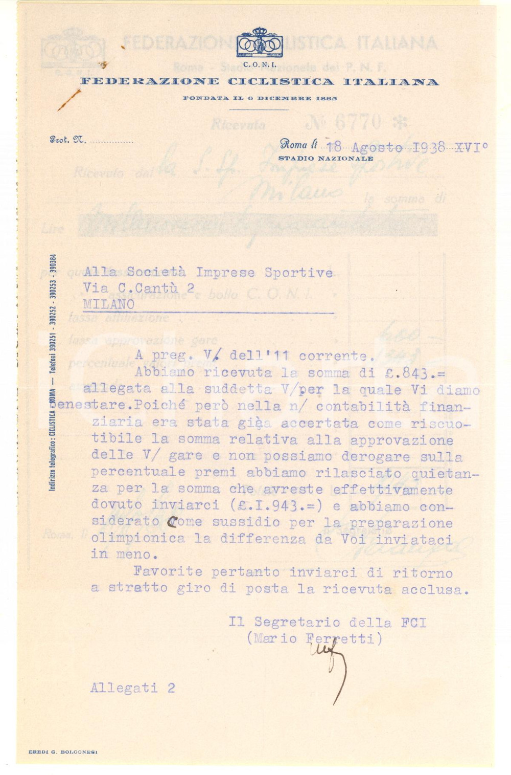 Manoscritto, lettera originale 1938 CICLISMO ROMA CONI  Lettera Mario FERRETTI su incasso percentuali gare 1