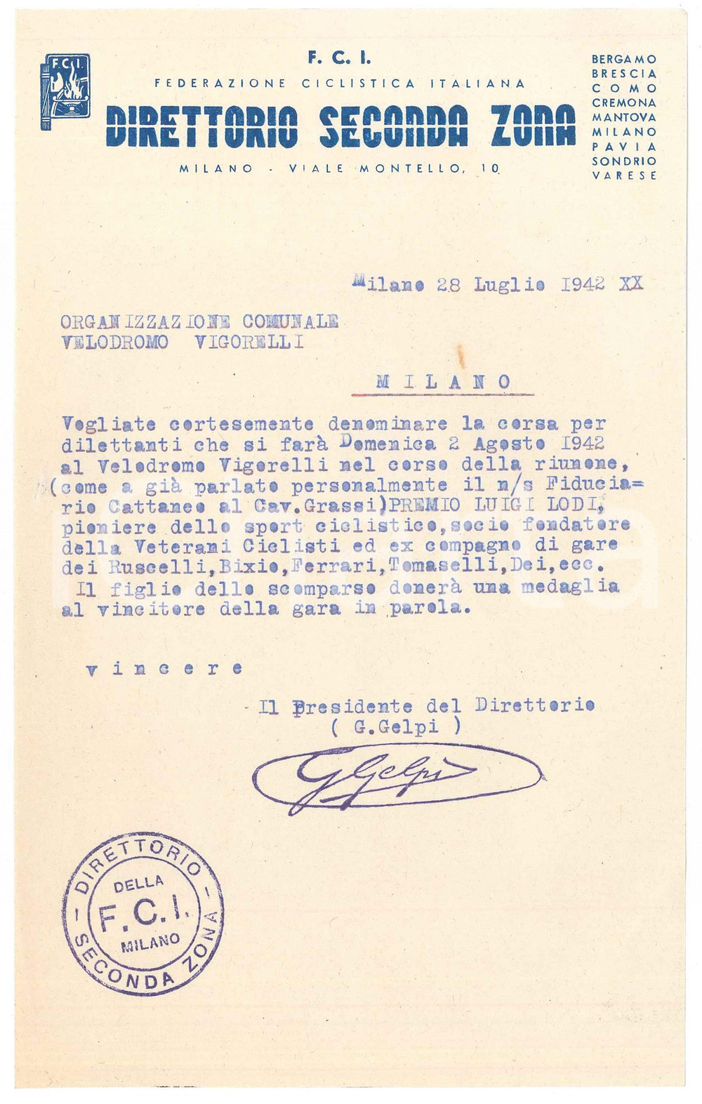 Documento originale, autentico 1942 F.C.I. CICLISMO MILANO Lettera Direttorio Seconda Zona Premio Luigi Lodi 1