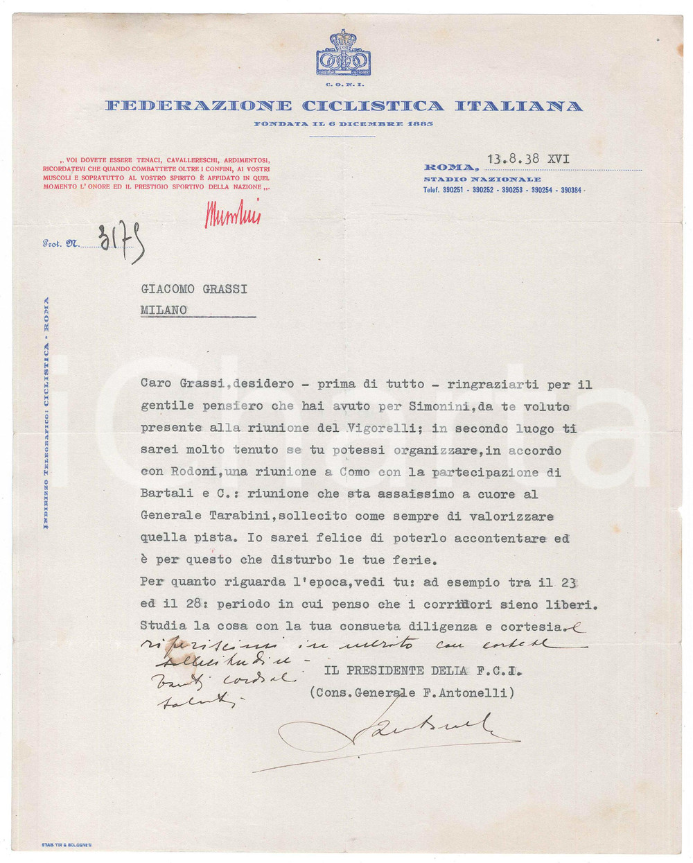 Manoscritto, lettera originale 1938 CICLISMO ROMA CONI Franco ANTONELLI pro Gino BARTALI a una gara a Como 1