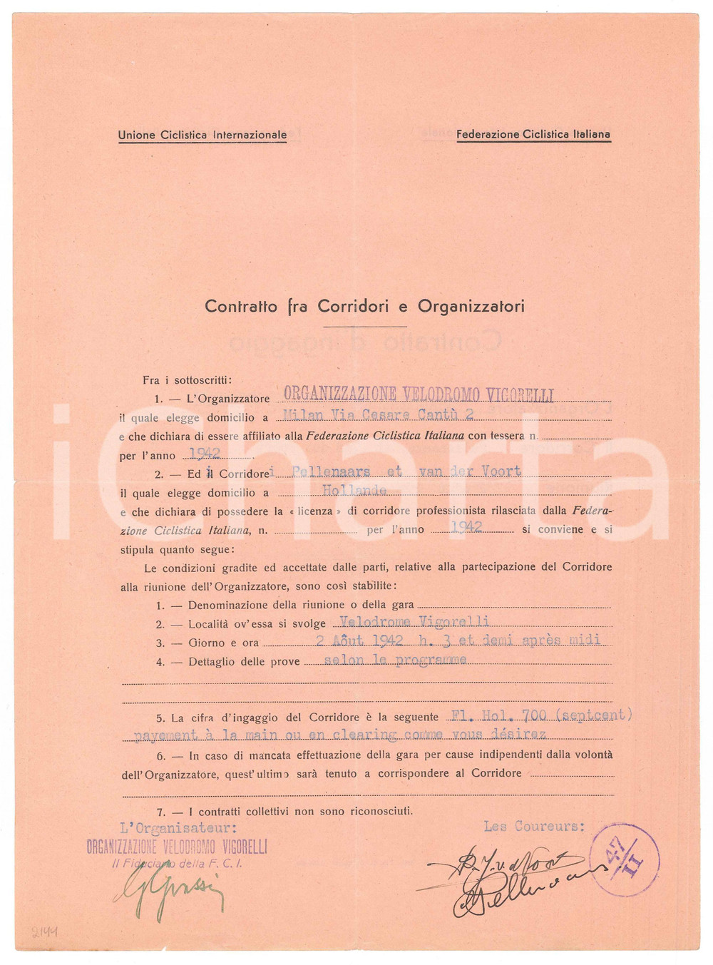 Autografo originale 1942 CICLISMO MILANO  Contratto ingaggio PELLENAARS VAN DER VOORT  Autografi 1