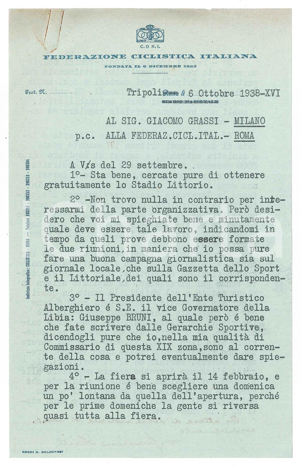 Manoscritto, lettera originale 1938 CICLISMO CONI TRIPOLI Francesco ZERILLI su organizzazione gara in Libia 1