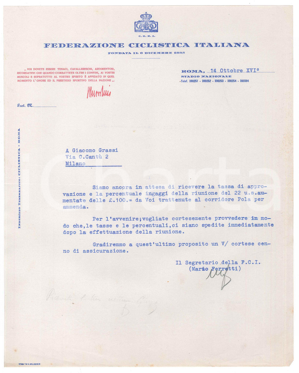 Manoscritto, lettera originale 1938 CICLISMO ROMA CONI Lettera Mario FERRETTI su riscossione tariffe gare 1