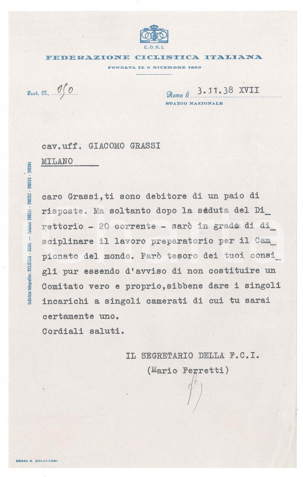 Manoscritto, lettera originale 1938 CICLISMO ROMA CONI Lettera Mario FERRETTI su preparazione mondiali 1