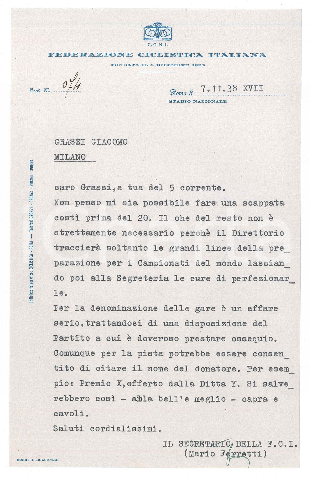 Manoscritto, lettera originale 1938 CICLISMO ROMA CONI Lettera Mario FERRETTI su denominazione gare 1