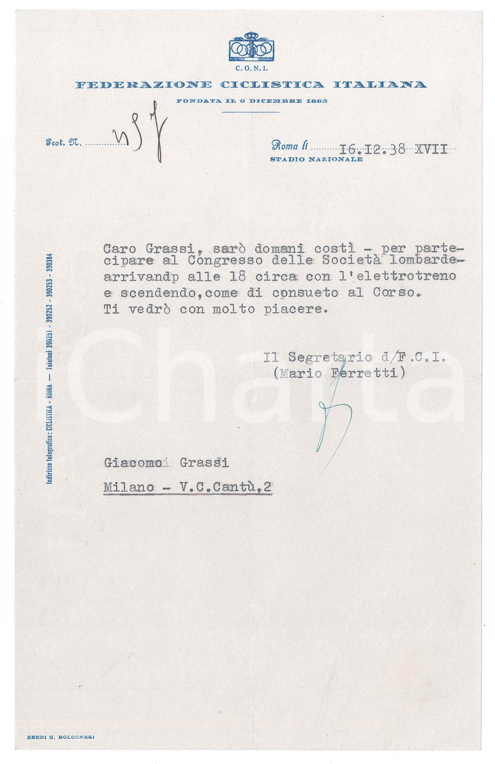 Manoscritto, lettera originale 1938 CICLISMO ROMA CONI Lettera Mario FERRETTI  Congresso societÃ  lombarde 1