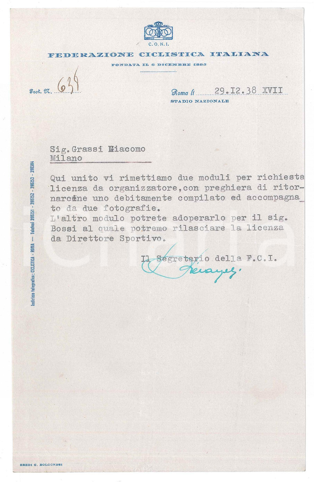 Manoscritto, lettera originale 1938 CICLISMO ROMA CONI Lettera Dario PIERANGELI per invio moduli 1