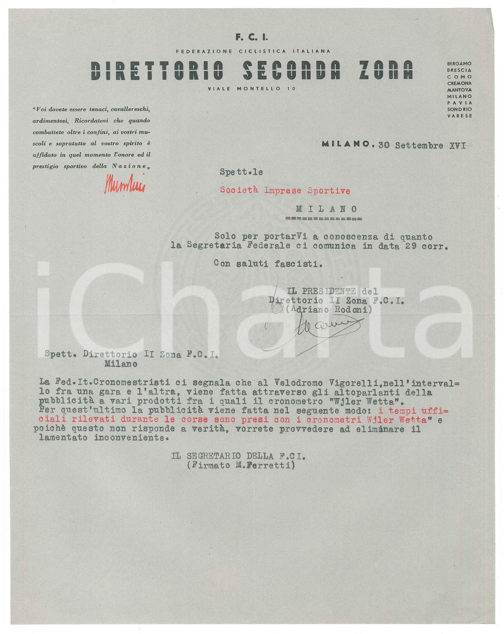Documento originale, autentico 1938 F.C.I. CICLISMO MILANO Lettera Direttorio Seconda Zona su falsa pubblicitÃ  1