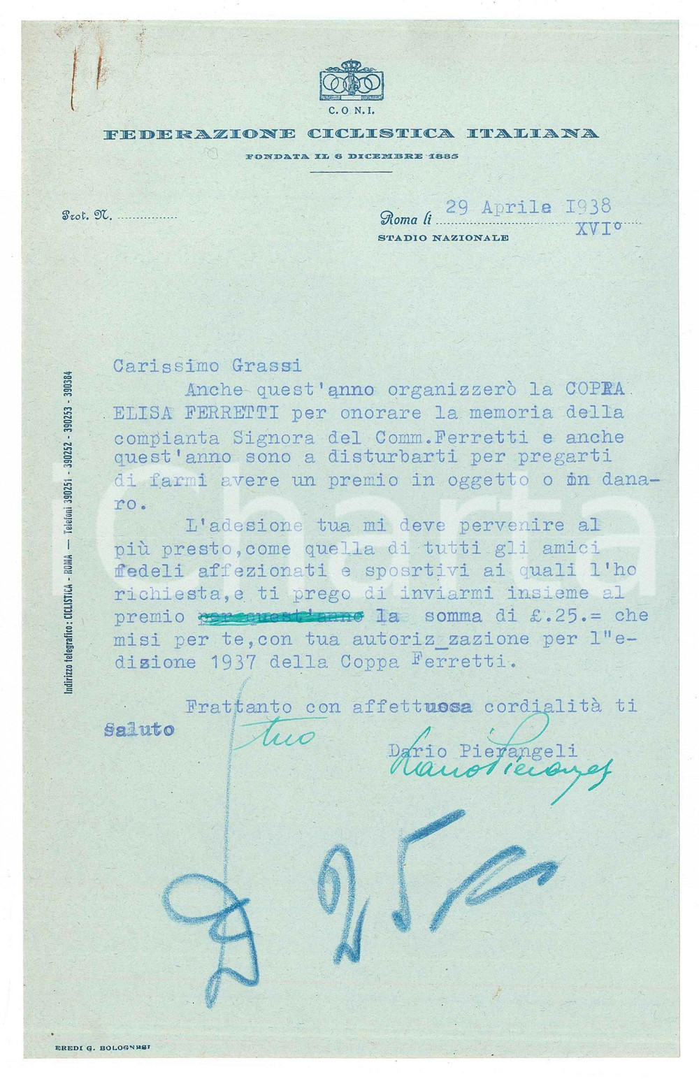 Manoscritto, lettera originale 1938 CICLISMO ROMA CONI Lettera Dario PIERANGELI su Coppa Elisa Ferretti 1