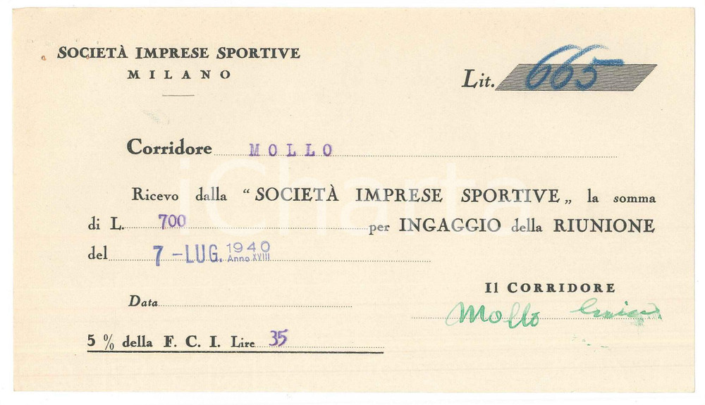 Autografo originale 1940 CICLISMO MILANO Ricevuta Enrico MOLLO  Ingaggio VIGORELLI Autografo 1